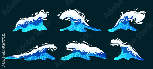 Wave cartoon set. Water splash in ocean. Swells for sea surfer. Big stream. Surfing on beach. Design of blue liquid, marine foam. Isolated landscape elements. Vector marine summer garish background