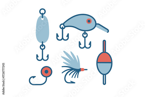 Collection of Fishing Lures and Tackle Components Including Spoon, Crankbait, Fly Lure, Hook, and Bobber