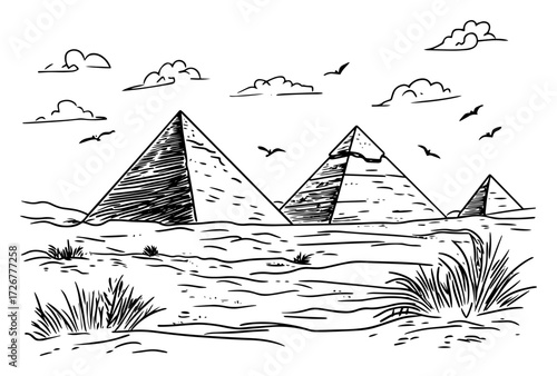 Majestic Giza pyramids rising above sandy desert plain with drifting birds – ancient Egypt landscape sketch illustration