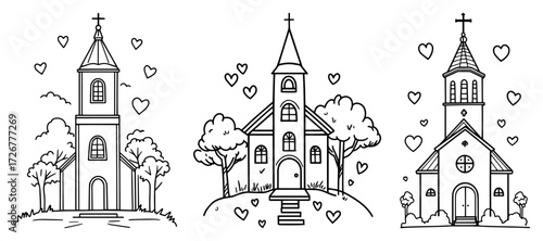 Charming wedding chapels collection with love hearts and blossoming trees – romantic small church doodle set