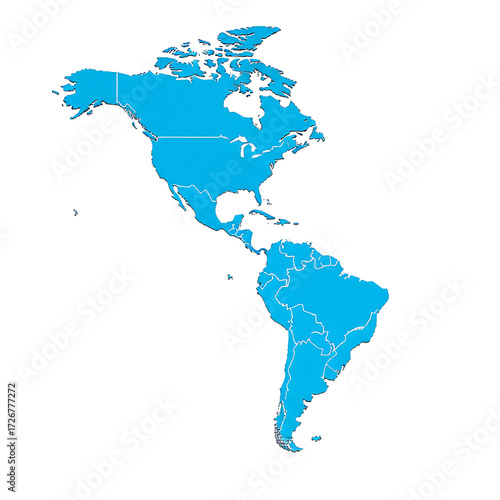 Bright blue map of north and south america continents glowing against a dark void