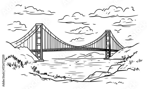 Elegant suspension bridge spanning wide river against rolling hills and cloud-filled sky – scenic engineering landmark sketch illustration