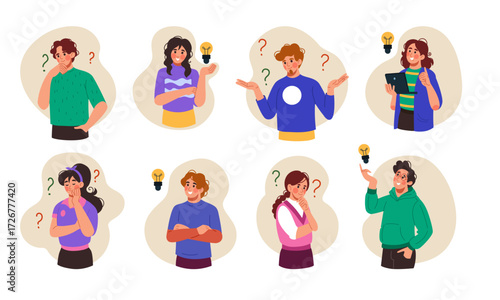 People with ideas. Question mark. Man in office. Light bulb symbol, business problem, ask thoughtful person. Confused character thinks pensive. Vector tidy cartoon flat style isolated illustration set
