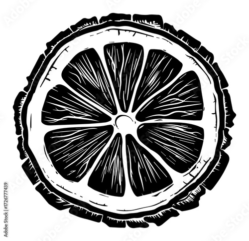 Juicy citrus slice in bold woodcut style – detailed lemon/orange cross-section retro engraving illustration