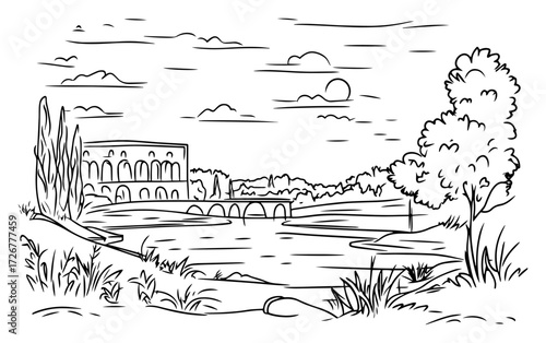 Ancient Roman aqueduct spanning calm river at sunset with cypress-lined hills – romantic Italy heritage landscape sketch illustration
