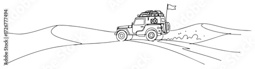 Off-road 4×4 jeep racing across desert dunes with adventure flag whipping in the wind – dynamic dune rally one-line illustration