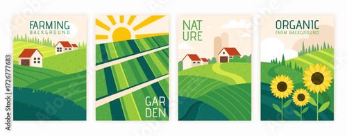 Rural landscape. Barn in countryside. Minimal poster. Nature scenery. Countryside cover. Farming, agricultural growth. Organic harvest. Vector garish geometry cartoon flat style isolated illustration