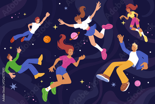 People in space. Person exploring in galaxy, flying star. Planet concept. Idea search for new knowledge. Character discovers, learns in gravity. Vector tidy metaverse cartoon flat style illustration