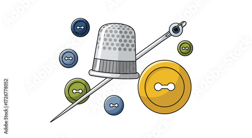 Thimble, Needle, and Buttons Still Life: Sewing and Craft Supplies for Tailoring and Garment Projects on a White Background, Illustration