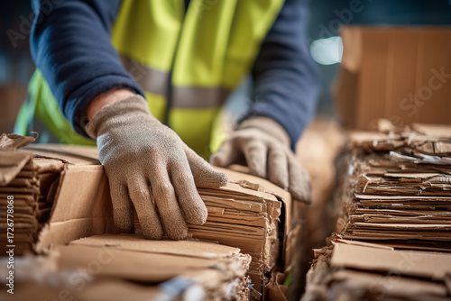 A close-up of a person's hands compacting cardboard boxes for recycling, showing efficient waste management practices.
