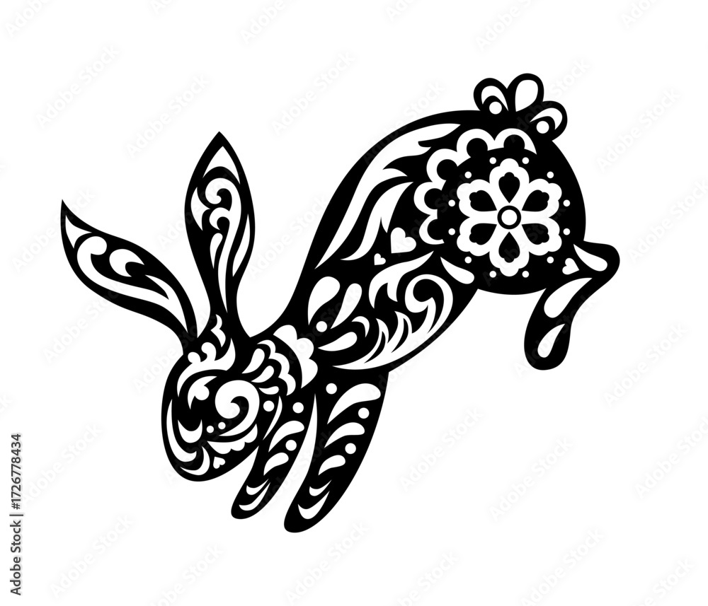 Fototapeta premium Easter pattern. Black silhouette animal. Jumping rabbit. Floral ornament. Curls and flowers. Spring hare. Botanical print. Holiday traditional decor element. Cony mammal. Isolated flat vector bunny