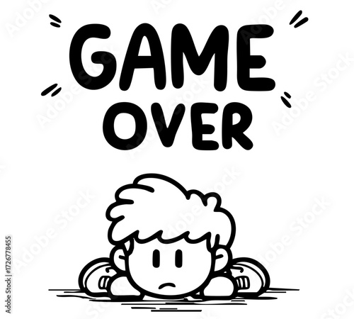 Game Over cartoon boy lying face down illustration