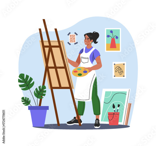 Woman drawing picture on canvas on easel in studio. Artist female character hold palette with paints. Hobby and creative occupation. Gallery artworks. Vector cartoon flat style isolated illustration