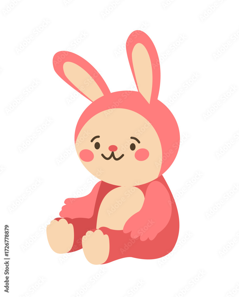 Obraz premium Kids rabbit. Children toy. Pink plush soft bunny. Cartoon domestic animal. Adorable baby hare in sitting pose. Easter cute mammal. Childish fluffy doll. Little sweet pet. Vector isolated flat element