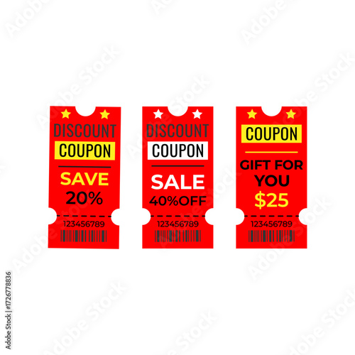 Discount coupon design, coupons are on websites, mobile apps, and print variants. They may be used in shopping, in markets, discount, and bonus cards. Vector illustration. 