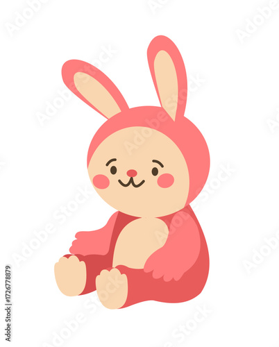 Kids rabbit. Children toy. Pink plush soft bunny. Cartoon domestic animal. Adorable baby hare in sitting pose. Easter cute mammal. Childish fluffy doll. Little sweet pet. Vector isolated flat element