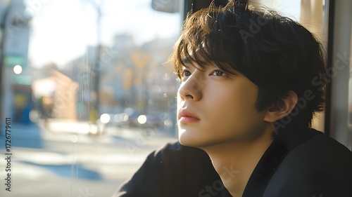 An Asian male with a modern haircut, sitting by a café window, watching the street outside