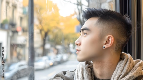An Asian male with a modern haircut, sitting by a café window, watching the street outside