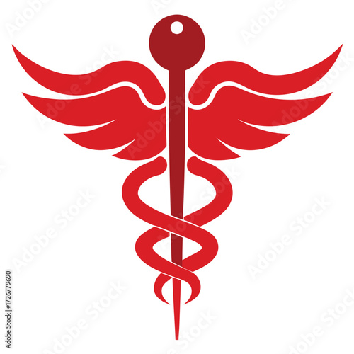 Red caduceus symbol with wings and serpent on white background