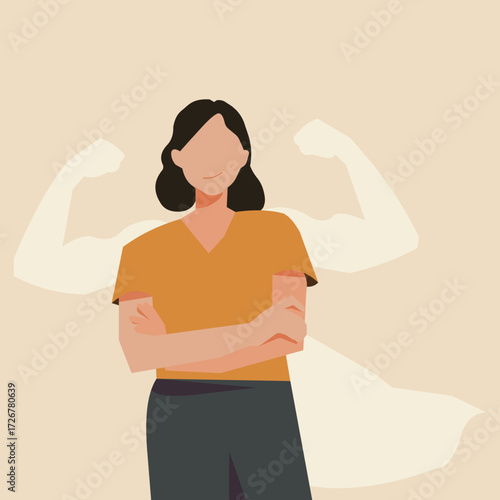 Strong woman with illustration that looks like she has wings behind her