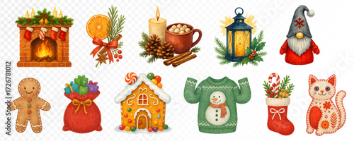 Big Christmas cozy set with fireplace, candle, cocoa, lantern, gnome, gingerbread, gifts, house, sweater, stocking and festive cat, watercolor holiday decorations. Vector illustration.