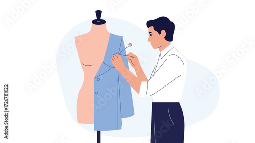 Fashion Designer Working on a Dress on a Mannequin: Illustration of a Tailor Fitting a Garment in Studio, Fashion Design Process