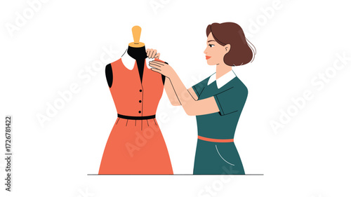 Fashion Designer Working on a Dress Design: Tailoring, Sewing, and Creative Process Illustration for Fashion, Boutique, Garment Production, or Bespoke Clothing Concepts
