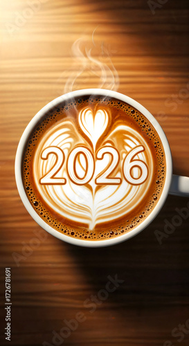 Steaming coffee cup with milk foam shaped into 2026  