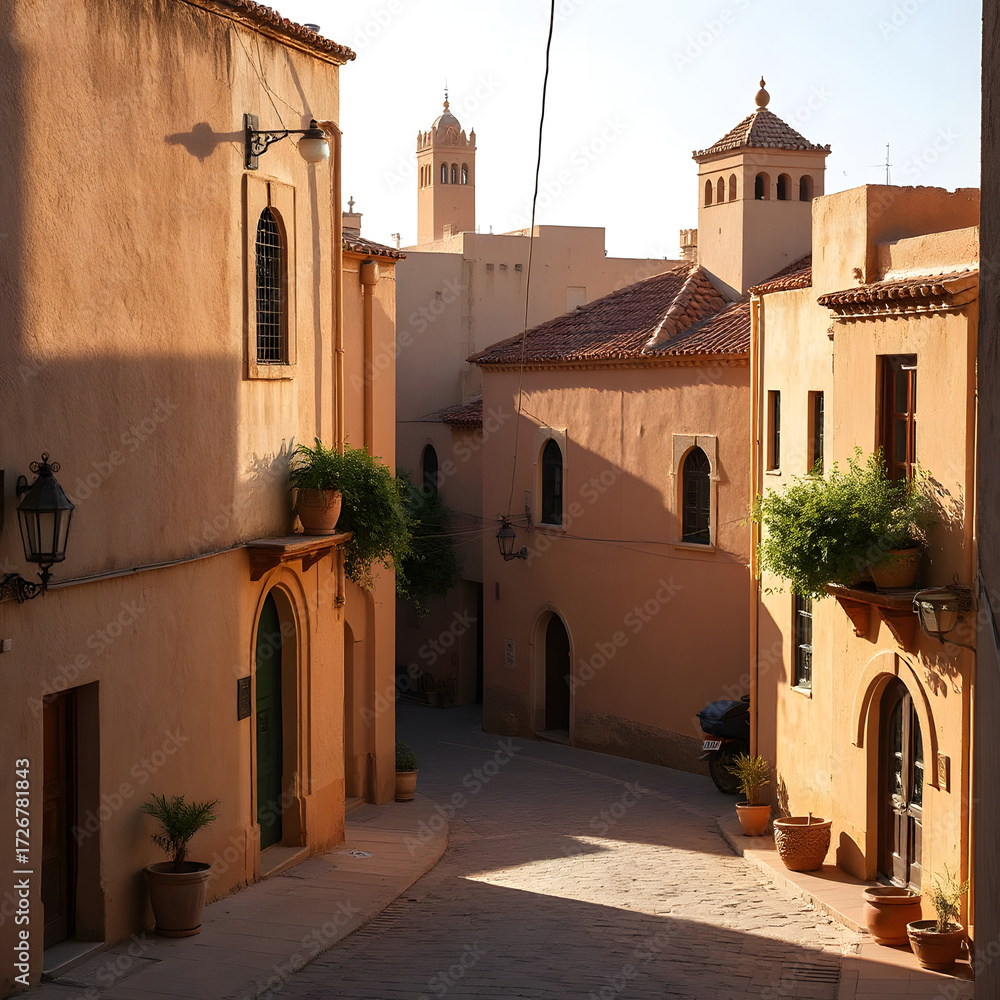 Obraz premium Houses in Morocco, Moroccan, style, light sandstone, high, Moorish walls, small windows, bright, urban life, beautiful, light with shadows, cinematic, photorealistic.