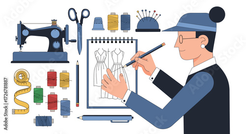Fashion Designer at Work: Illustration of Sewing Machine, Fashion Sketches, and Tailoring Tools for Creative Design Projects and Apparel Industry Content
