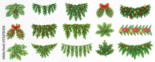 Christmas watercolor pine garlands set with festive spruce branches, holiday greenery clipart, New Year winter decoration, rustic wreaths, bows, ornaments, , vector illustration