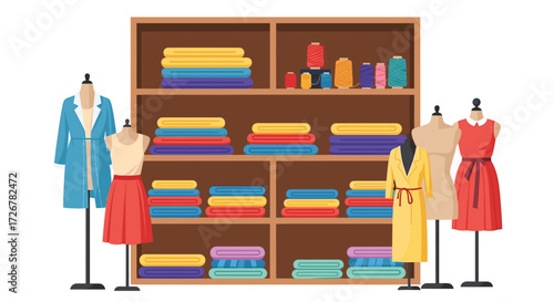 Fashion Boutique with Clothing Display, Fabrics, and Threads: Interior Design, Retail, Sewing, Tailoring, and Wardrobe Management Concepts