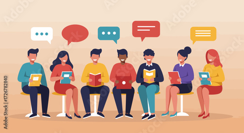 A flat design illustration of a diverse group of authors and readers engaged in an animated panel discussion, representing the intellectual exchange and community spirit of the Ubud Writers & Readers 