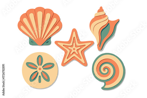 Assortment of decorative marine life elements including scallop, spiral shell, sand dollar, and starfish with layered paper cut effect