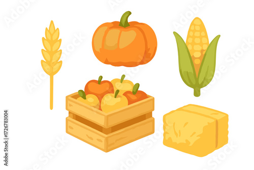 Autumn harvest collection with fresh farm produce including pumpkin, corn, apples, wheat, and hay bale