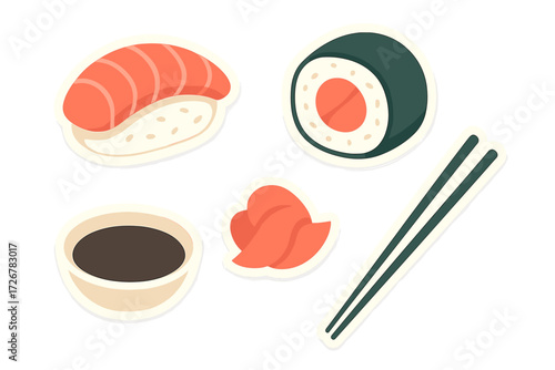Assortment of traditional Japanese sushi, maki, soy sauce, ginger, and chopsticks on white background