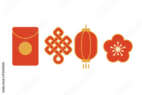 Traditional Chinese cultural elements with red envelope, endless knot, lantern, and plum blossom for Lunar New Year celebration
