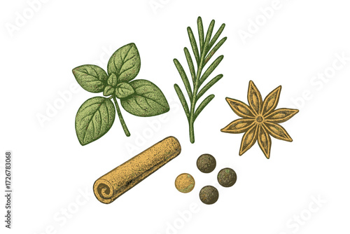 Aromatic culinary herbs and dried spices like basil, rosemary, cinnamon, star anise, and peppercorns