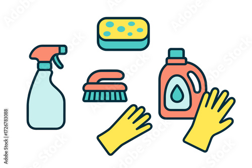Assortment of household cleaning products and tools including spray bottle, scrubbing brush, sponge, detergent, and protective gloves