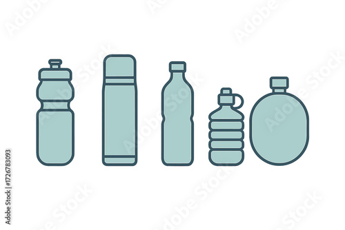 Assortment of different types of bottles and containers for liquids including water, sports drinks, and other beverages for daily use