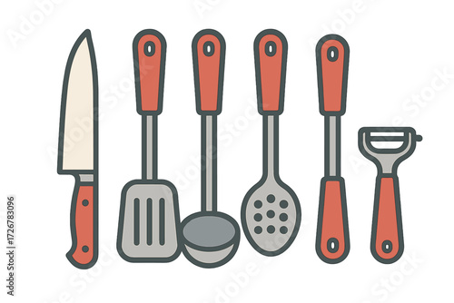 Essential kitchen utensils set with knife, spatula, ladle, skimmer, and peeler for cooking and food preparation