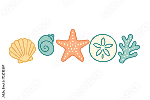 Stylized set of various ocean elements including seashell, conch, starfish, sand dollar, and coral designs