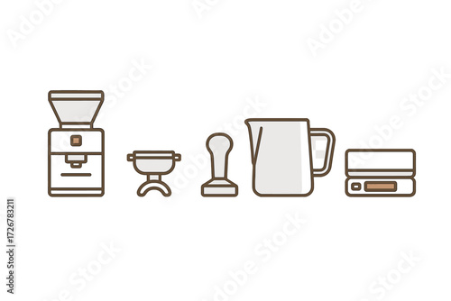 Coffee making equipment set including grinder, portafilter, tamper, milk pitcher, and scale for barista