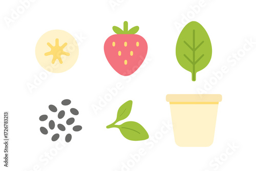 Nutritious fresh banana slice, strawberry, spinach leaf, chia seeds, and yogurt cup arranged for a healthy breakfast or snack