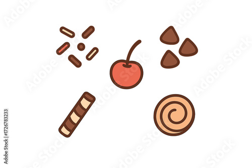 Sweet dessert toppings and confectionery elements including chocolate sprinkles, red cherry, chocolate chips, striped wafer roll, and swirl cookie