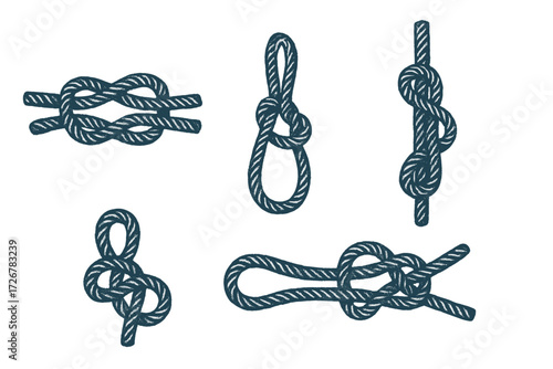 Collection of diverse nautical rope knots and loops including bowline, figure eight, and square knot designs