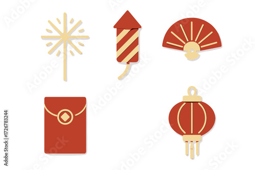 Vibrant collection of traditional Lunar New Year festive objects including lantern, firework, fan, red envelope, and sparkler for celebration