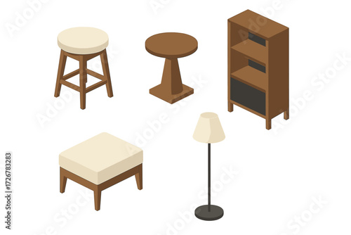 Modern home furniture collection in isometric view featuring a stool, round table, bookshelf, floor lamp, and ottoman