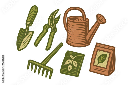 Essential gardening tools and planting supplies including shovel, rake, pruners, watering can, and seed packets