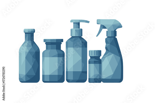 Collection of blue geometric plastic bottles and containers for household, health, and beauty products